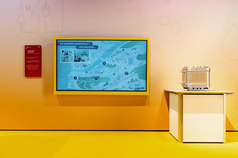 Das Bild zeigt einen großen Bildschirm mit Illustrationen zu Wasserstoff.